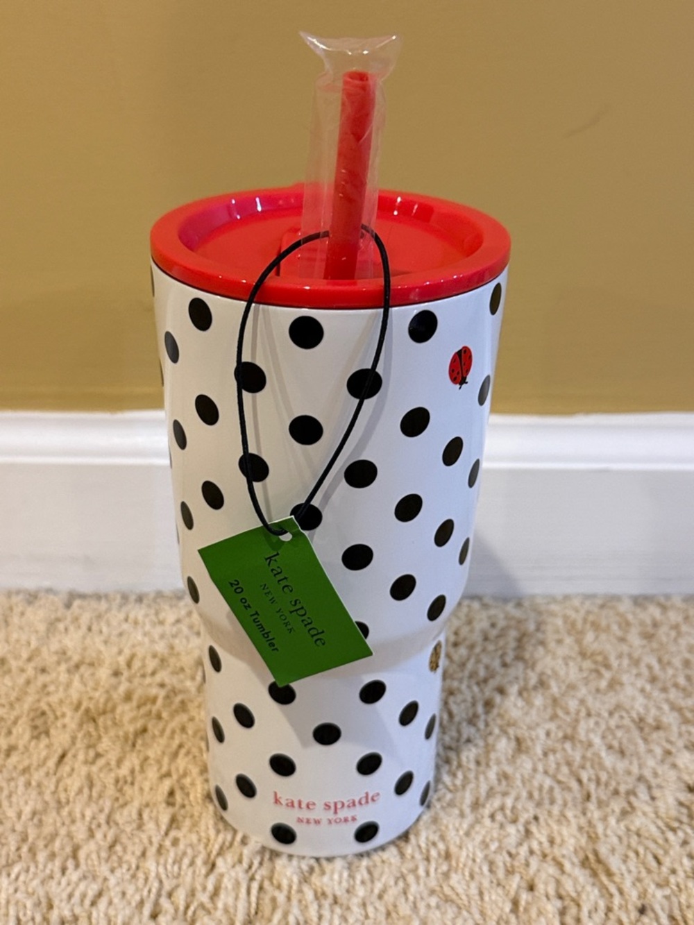 kate spade White and Black Polka Dot Tumbler with Red Lid